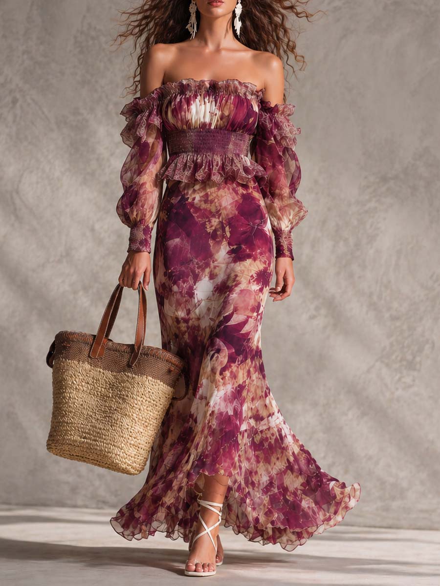 Off-Shoulder Chiffon Maxi Dress in Rose Pink Floral