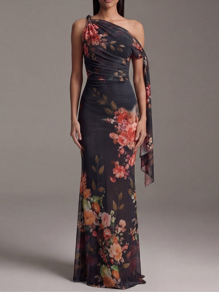 Black One-Shoulder Printed Chiffon Maxi Dress with Pleated Detail