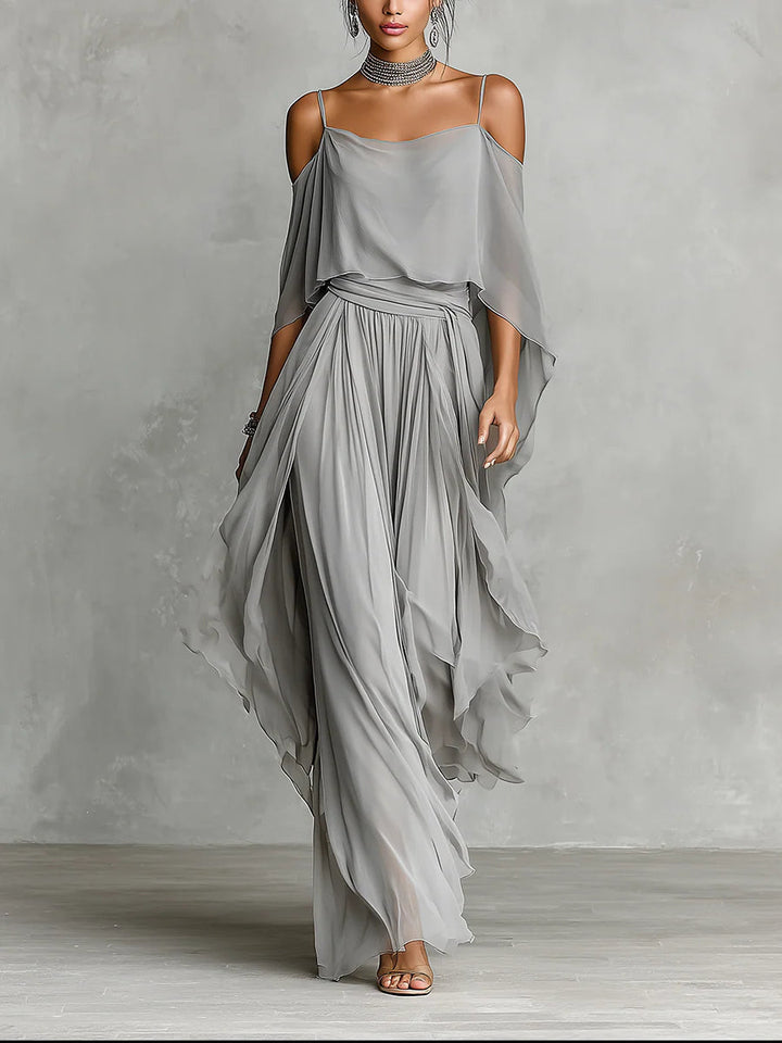 Grey Chiffon Off-Shoulder Flowy Camisole and Trousers Set