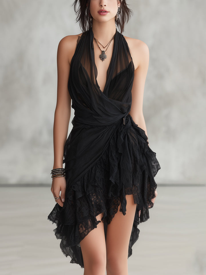 Black Lace Ruffled Mini Dress with Halter Neck