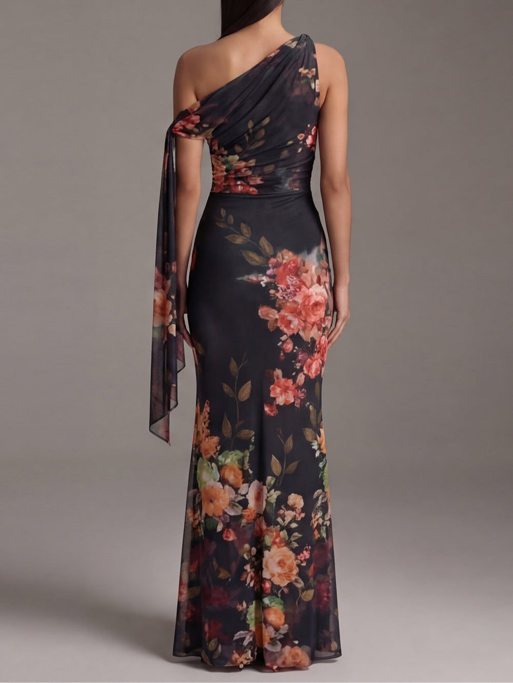 Black One-Shoulder Printed Chiffon Maxi Dress with Pleated Detail