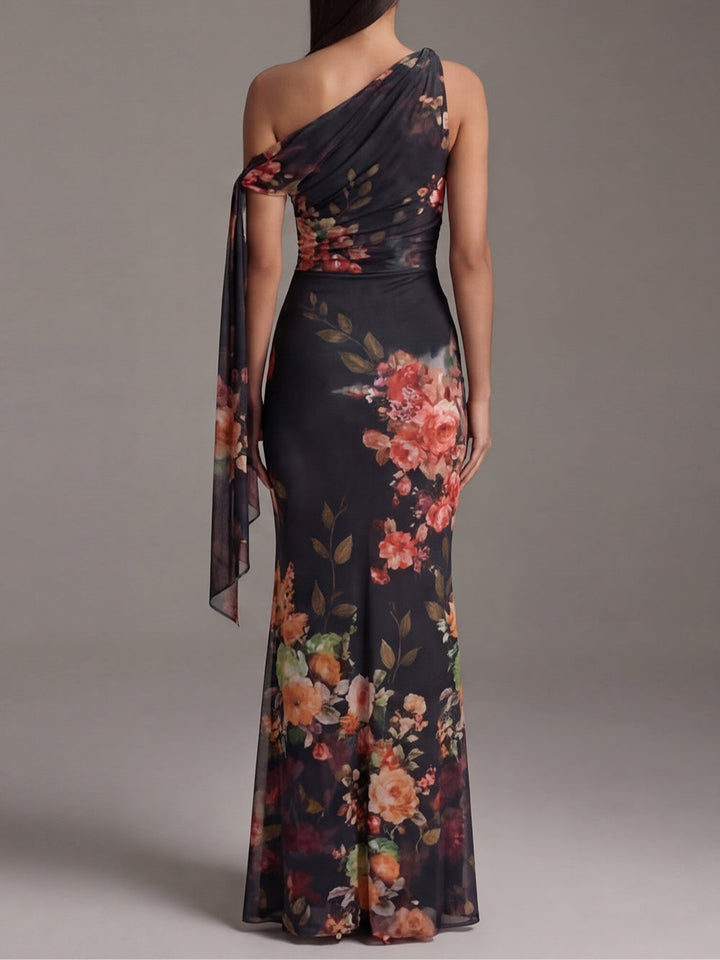Black One-Shoulder Printed Chiffon Maxi Dress with Pleated Detail