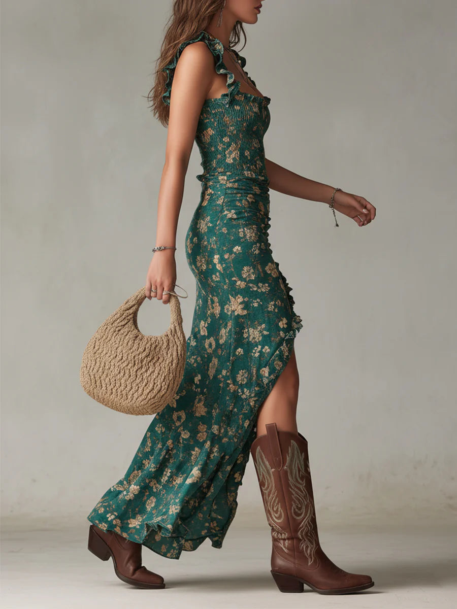 Bohemian Green Maxi Dress with Ruffled Sleeves and Vibrant Print