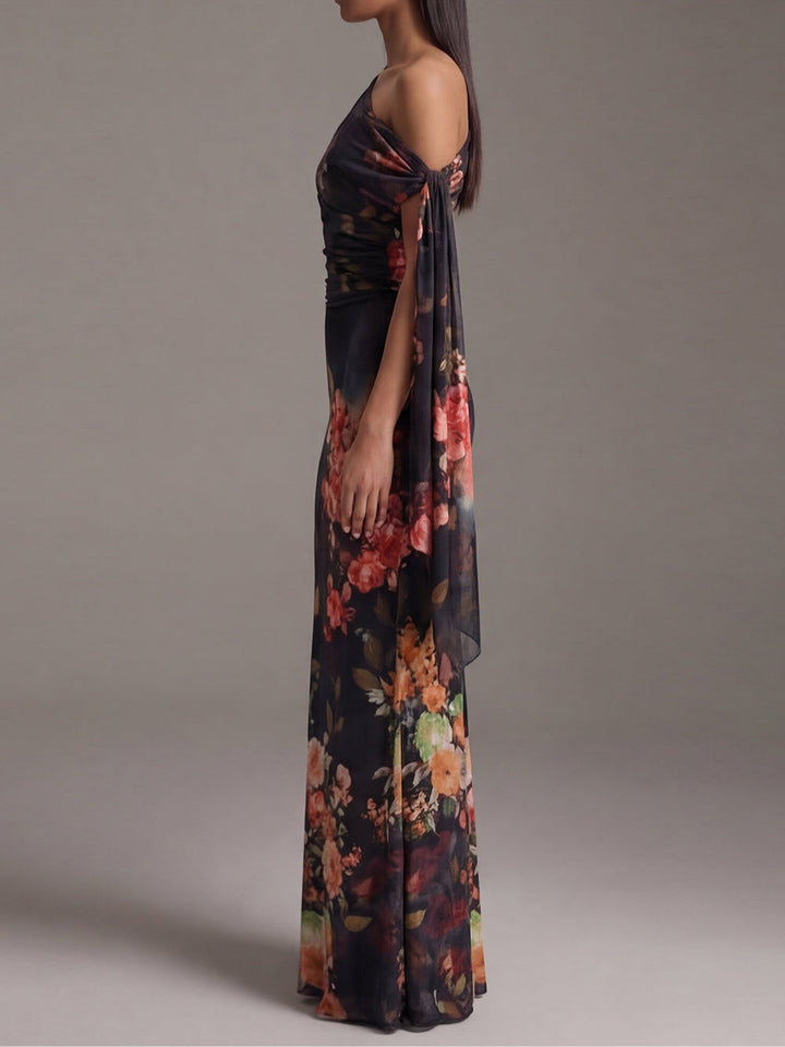 Black One-Shoulder Printed Chiffon Maxi Dress with Pleated Detail