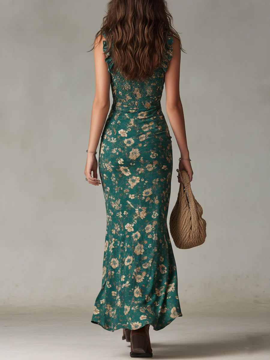 Bohemian Green Maxi Dress with Ruffled Sleeves and Vibrant Print