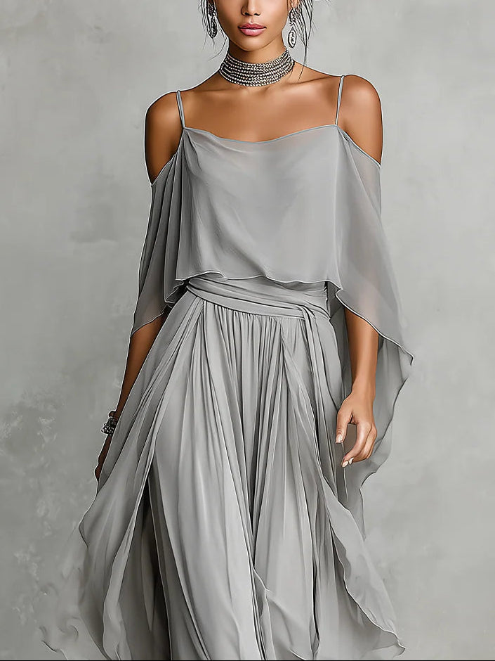 Grey Chiffon Off-Shoulder Flowy Camisole and Trousers Set