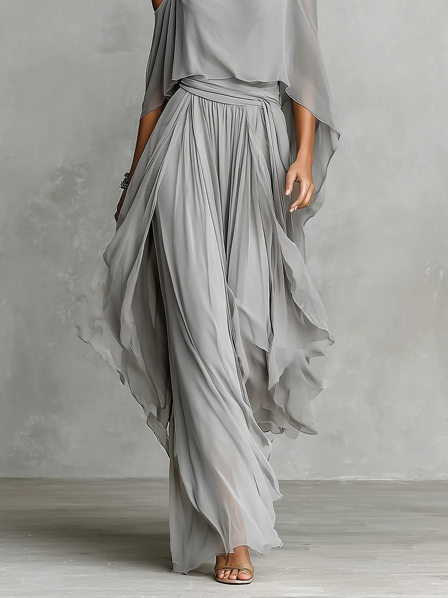 Grey Chiffon Off-Shoulder Flowy Camisole and Trousers Set