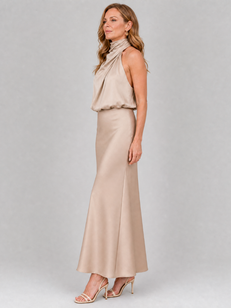 Nopal | Sleeveless Midi Dress Featuring a Draped Neckline
