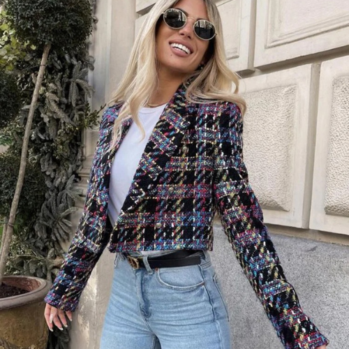 Black Multicolor Tweed Crop Jacket