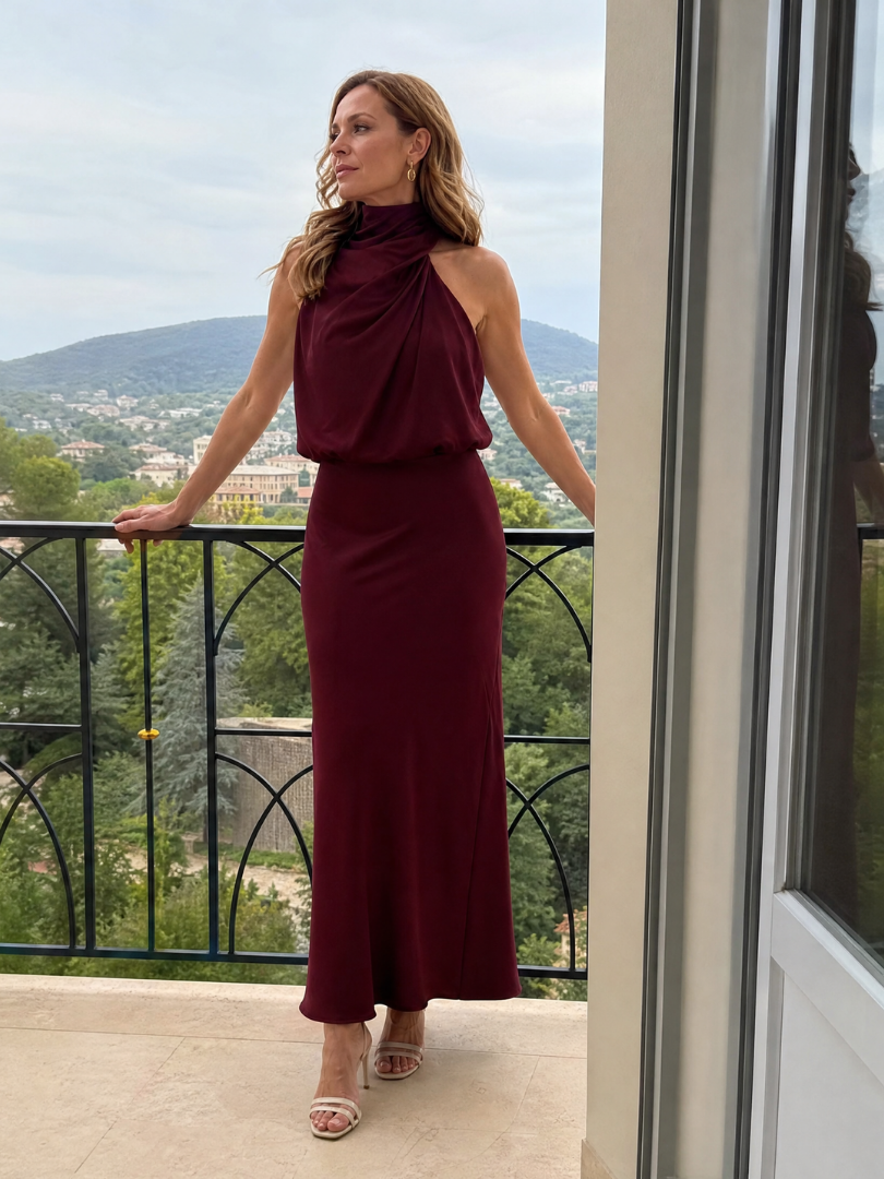 Nopal | Sleeveless Midi Dress Featuring a Draped Neckline