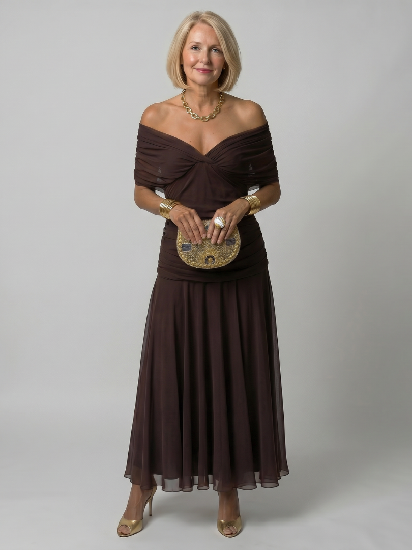 Calen | Off-Shoulder Midi Dress" can be rewritten as "Calen | Off-Shoulder Midi Style Dress.