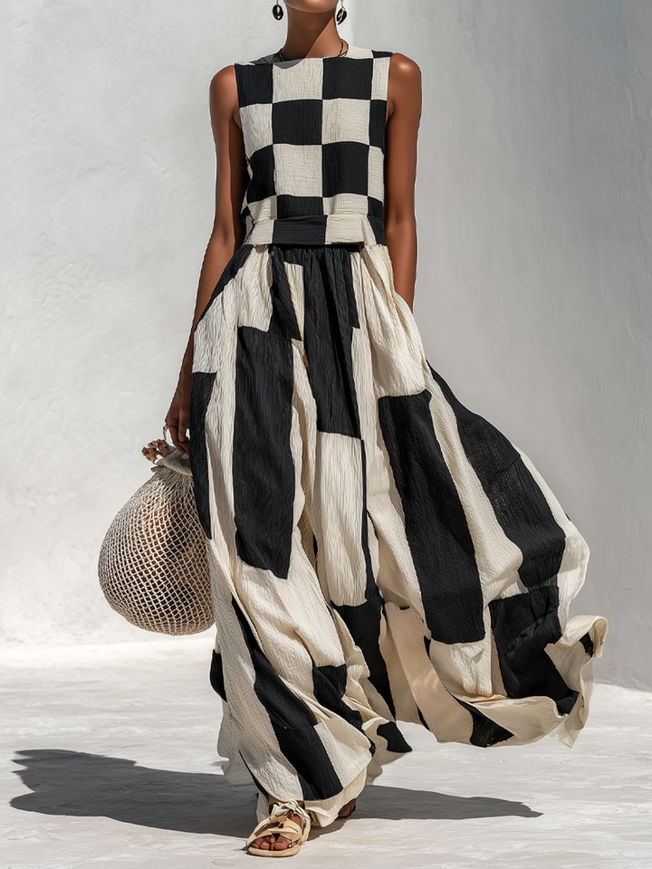 Arlette™ | Plaid and Stripe Paneling Sleeveless Maxi Dress