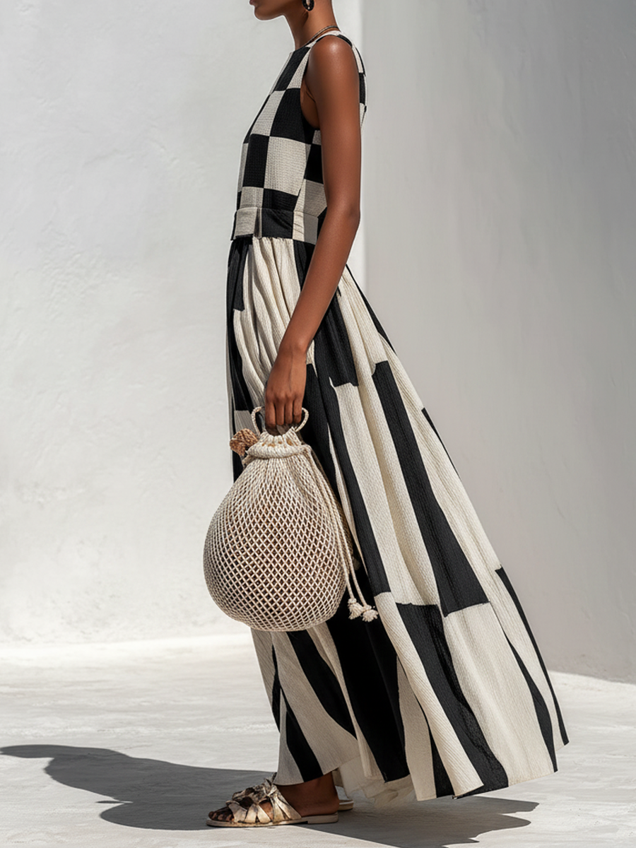 Arlette™ | Plaid and Stripe Paneling Sleeveless Maxi Dress