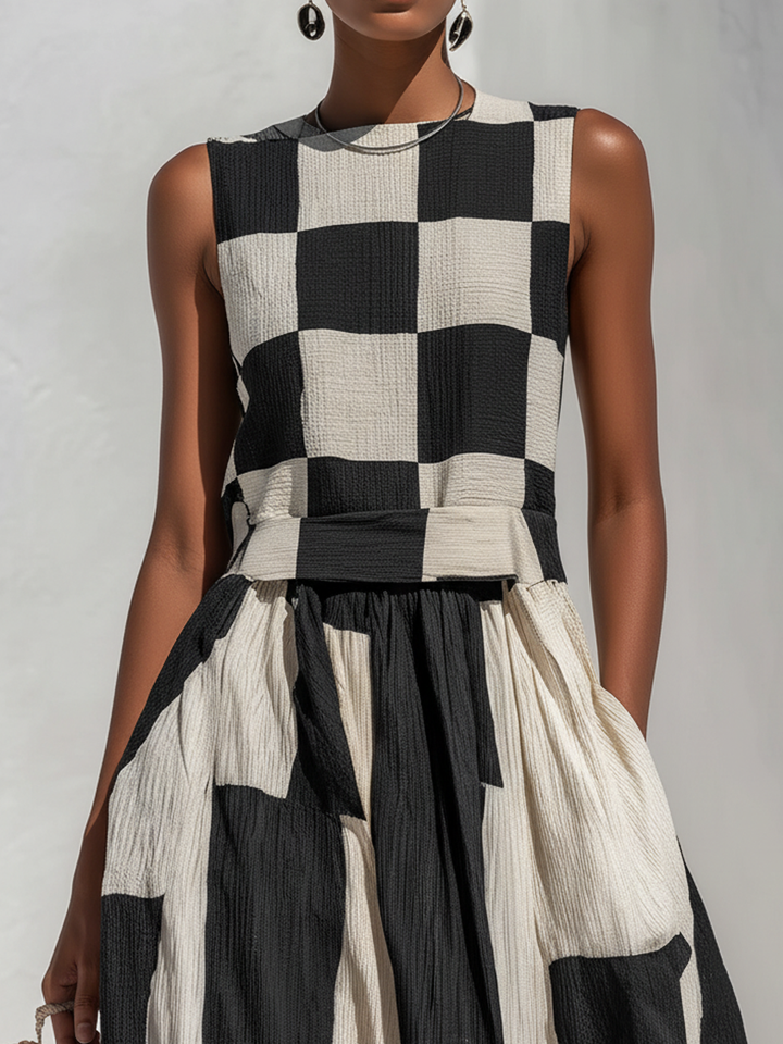 Arlette™ | Plaid and Stripe Paneling Sleeveless Maxi Dress