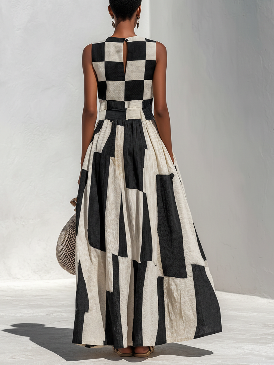 Arlette™ | Plaid and Stripe Paneling Sleeveless Maxi Dress