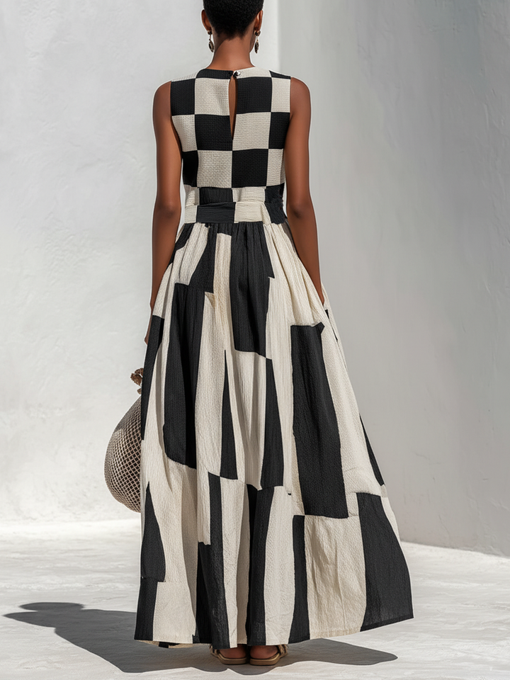 Arlette™ | Plaid and Stripe Paneling Sleeveless Maxi Dress