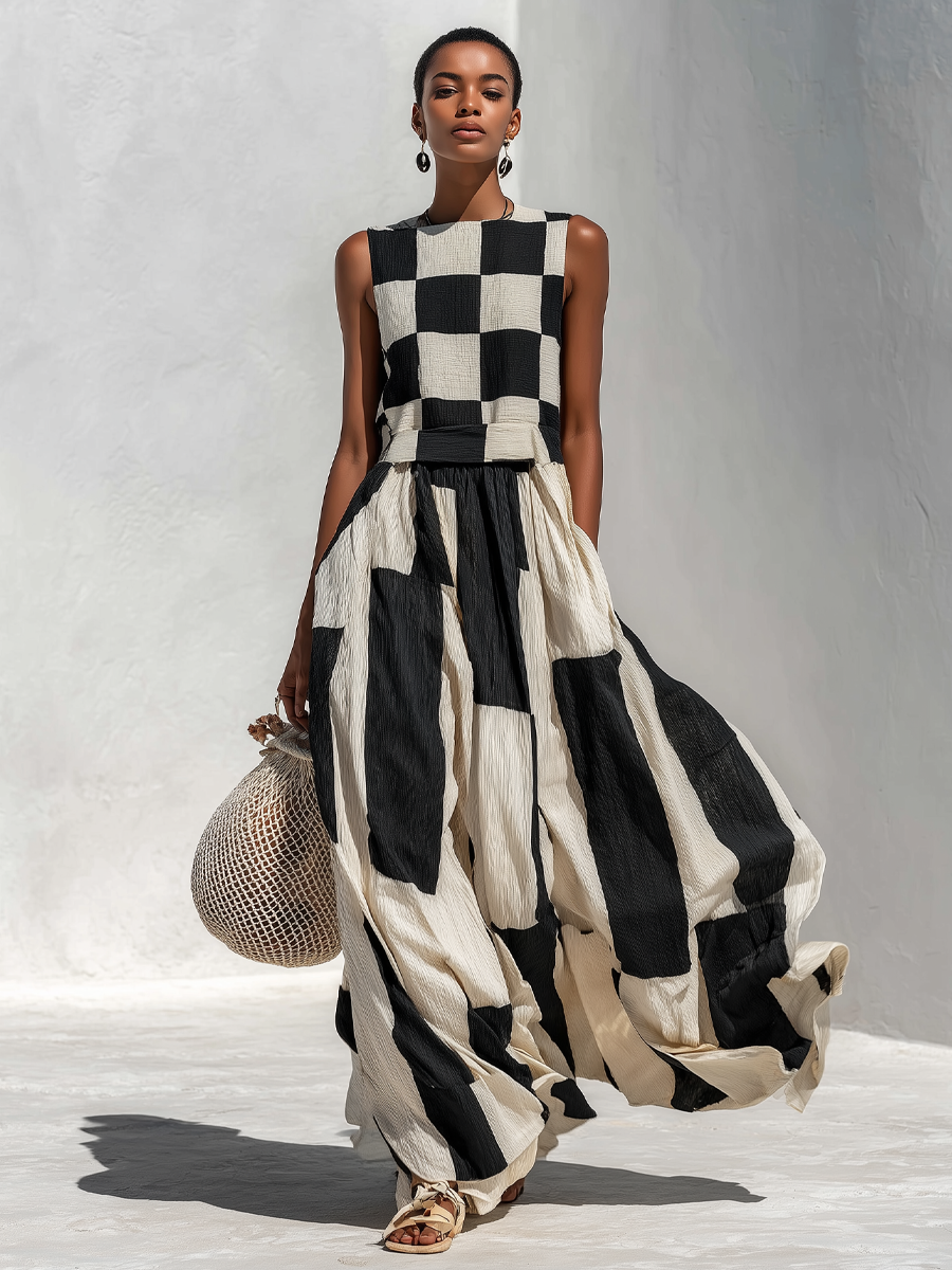 Arlette™ | Plaid and Stripe Paneling Sleeveless Maxi Dress
