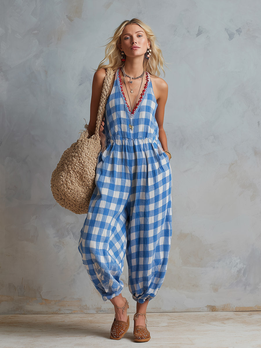 Elodie™ | Checkered Linen Jumpsuit