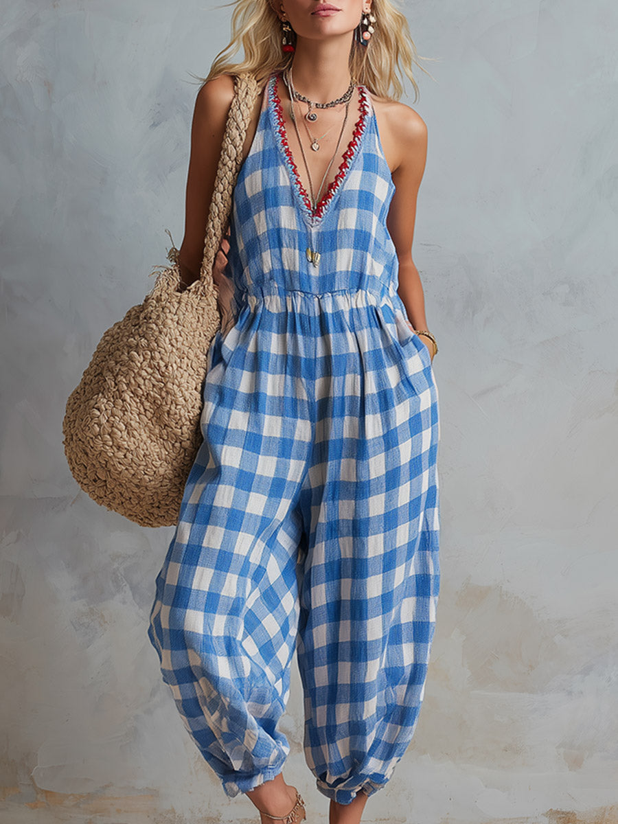 Elodie™ | Checkered Linen Jumpsuit