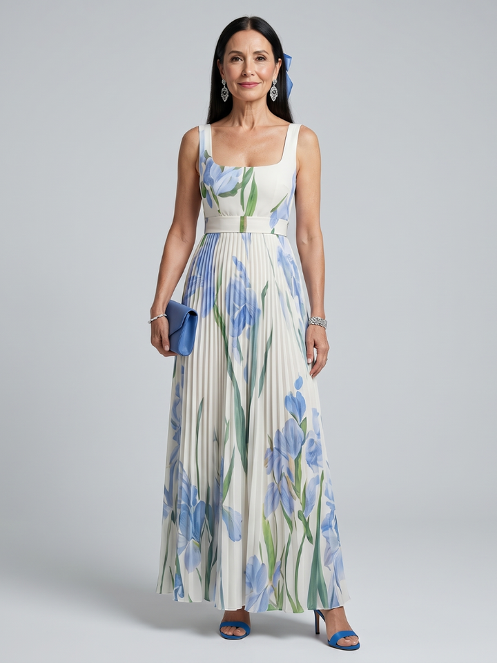 Ophelia | Floral Print Sleeveless Midi Dress with Square Neck
