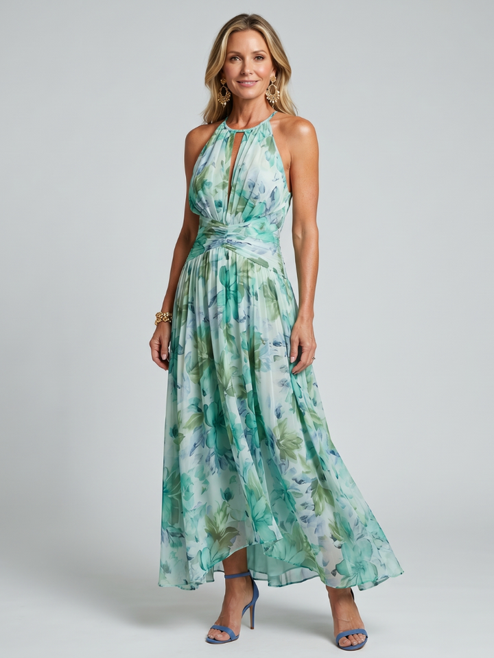 Portia | Midi-Length Folding Halter Dress with Delicate Floral Design