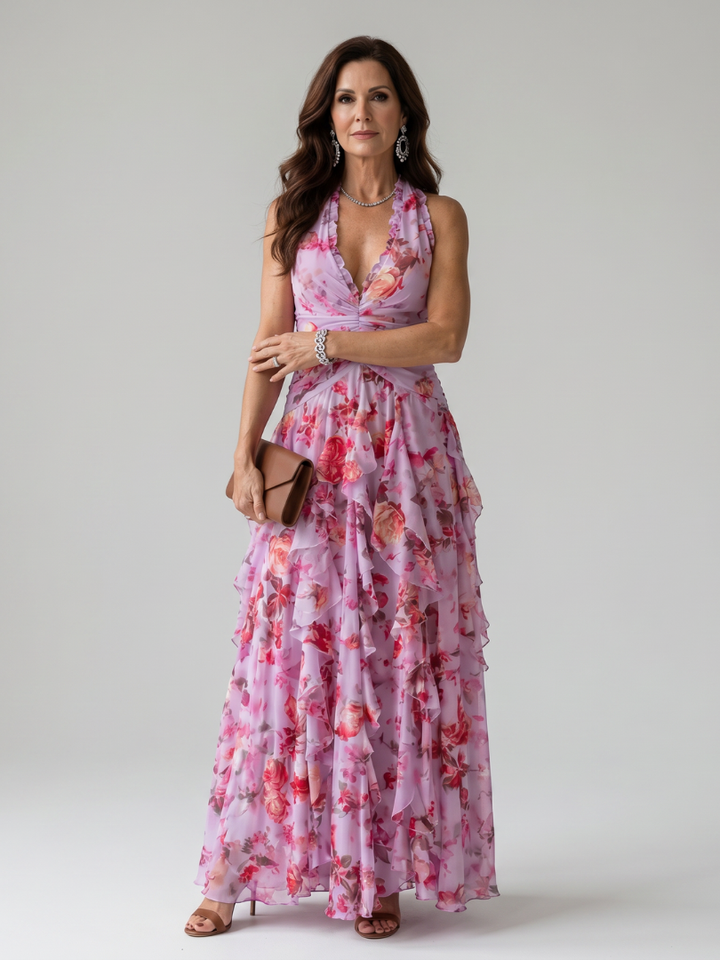 Nori | Floral Maxi Dress with Halterneck and Ruffle Details
