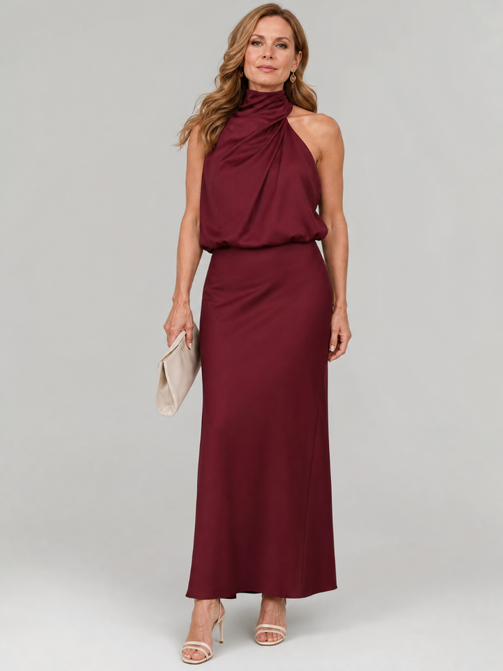 Nopal | Sleeveless Midi Dress Featuring a Draped Neckline