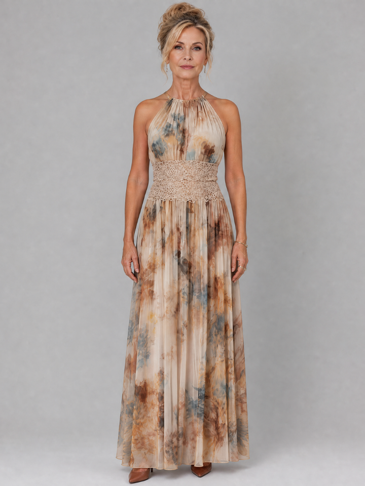 Elavenue | Halter Neck Maxi Dress with Lace Waistband