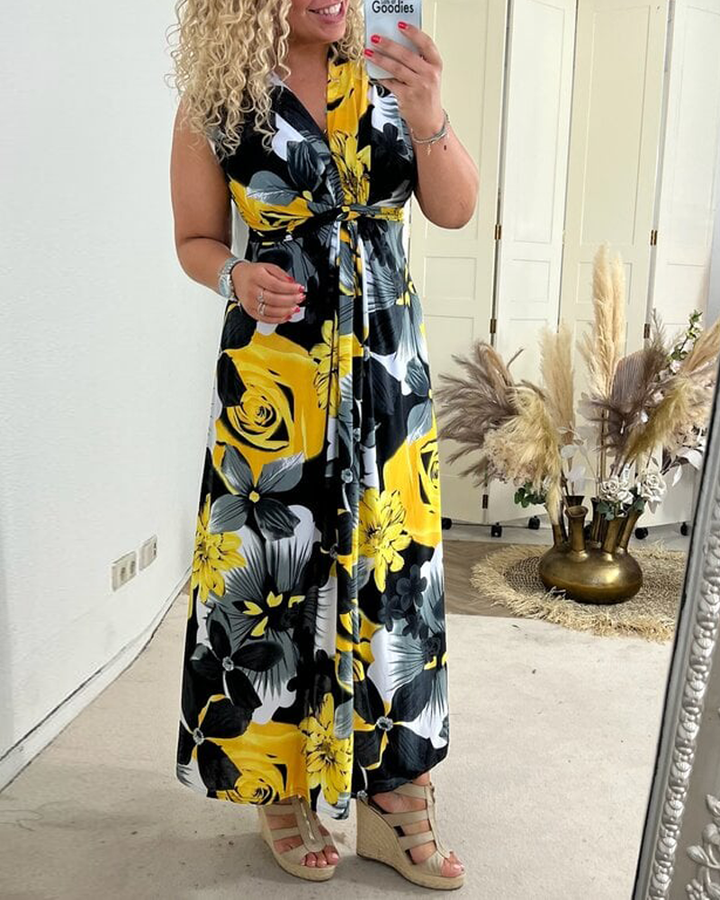 Viola | Women's Floral Maxi Dress Sleeveless Tie Front V-Neck