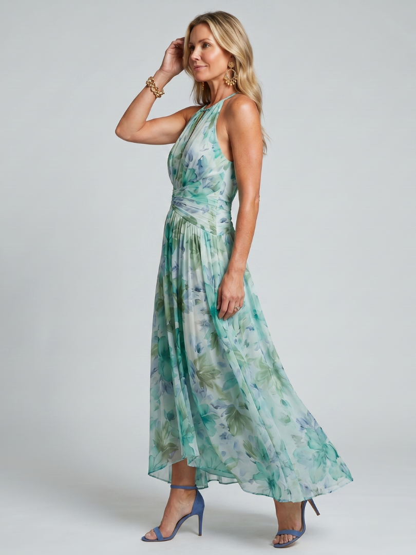 Portia | Midi-Length Folding Halter Dress with Delicate Floral Design