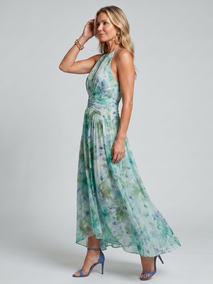 Portia | Midi-Length Folding Halter Dress with Delicate Floral Design