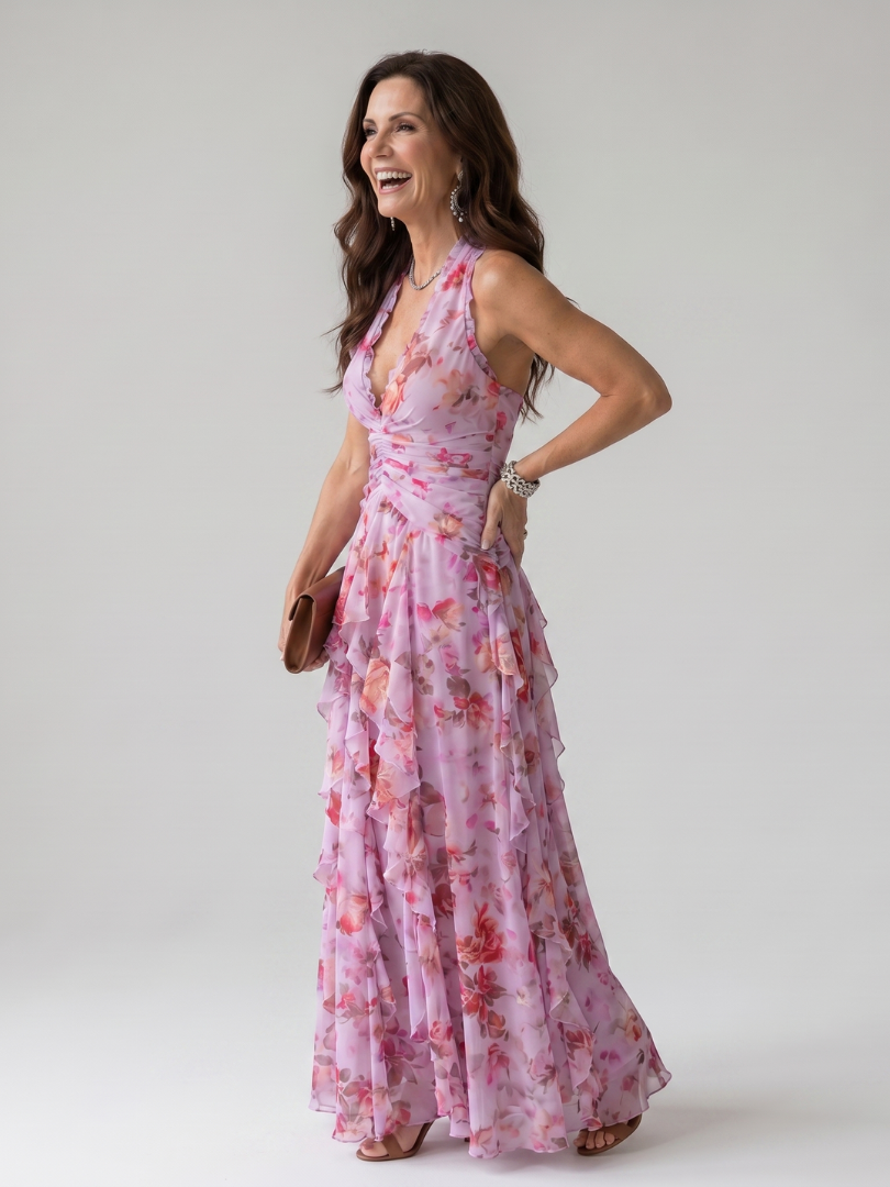 Nori | Floral Maxi Dress with Halterneck and Ruffle Details