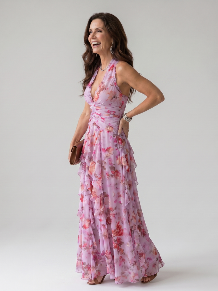 Nori | Floral Maxi Dress with Halterneck and Ruffle Details