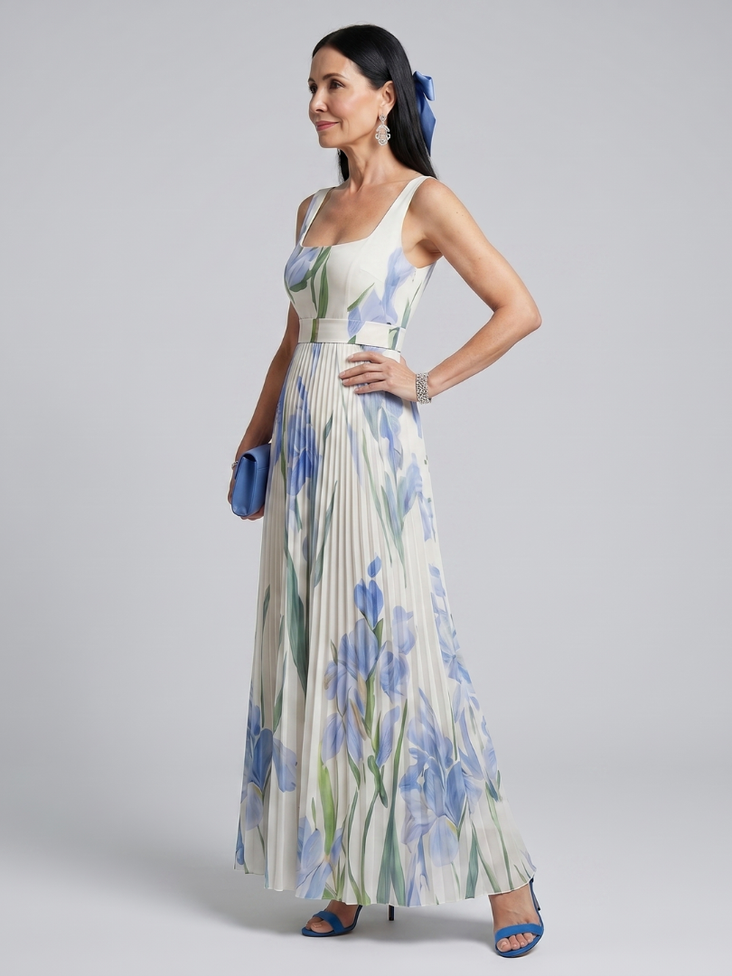 Ophelia | Floral Print Sleeveless Midi Dress with Square Neck