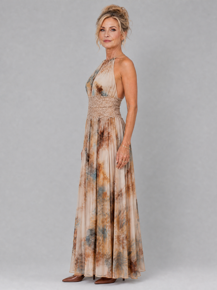 Elavenue | Halter Neck Maxi Dress with Lace Waistband