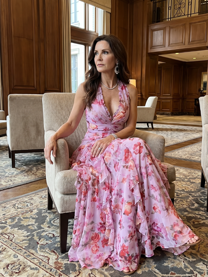 Nori | Floral Maxi Dress with Halterneck and Ruffle Details