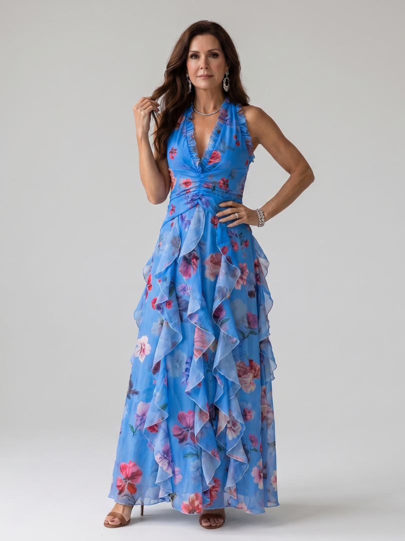 Nori | Floral Maxi Dress with Halterneck and Ruffle Details