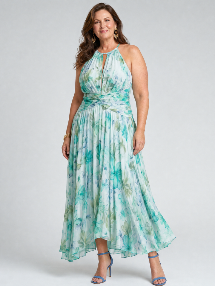 Portia | Midi-Length Folding Halter Dress with Delicate Floral Design