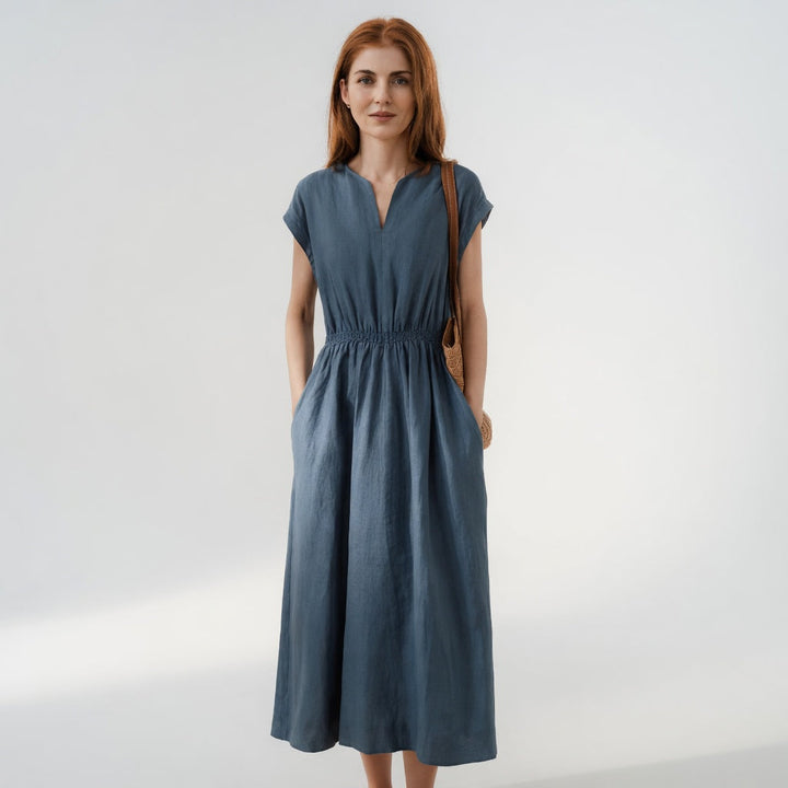 Lina — Graceful Mixed Linen Dress with Fluid Design