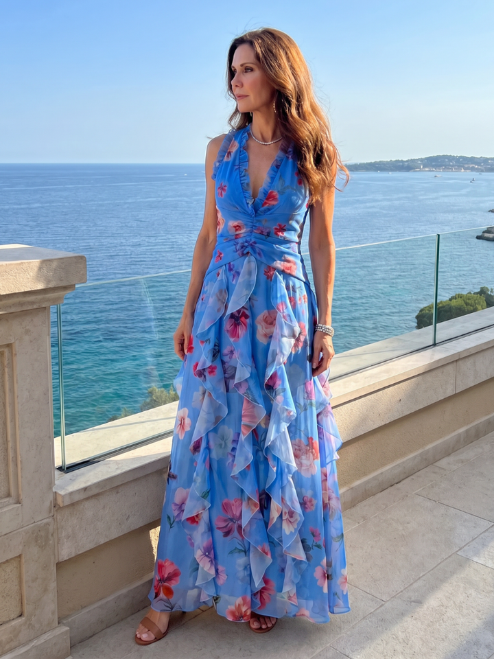 Nori | Floral Maxi Dress with Halterneck and Ruffle Details