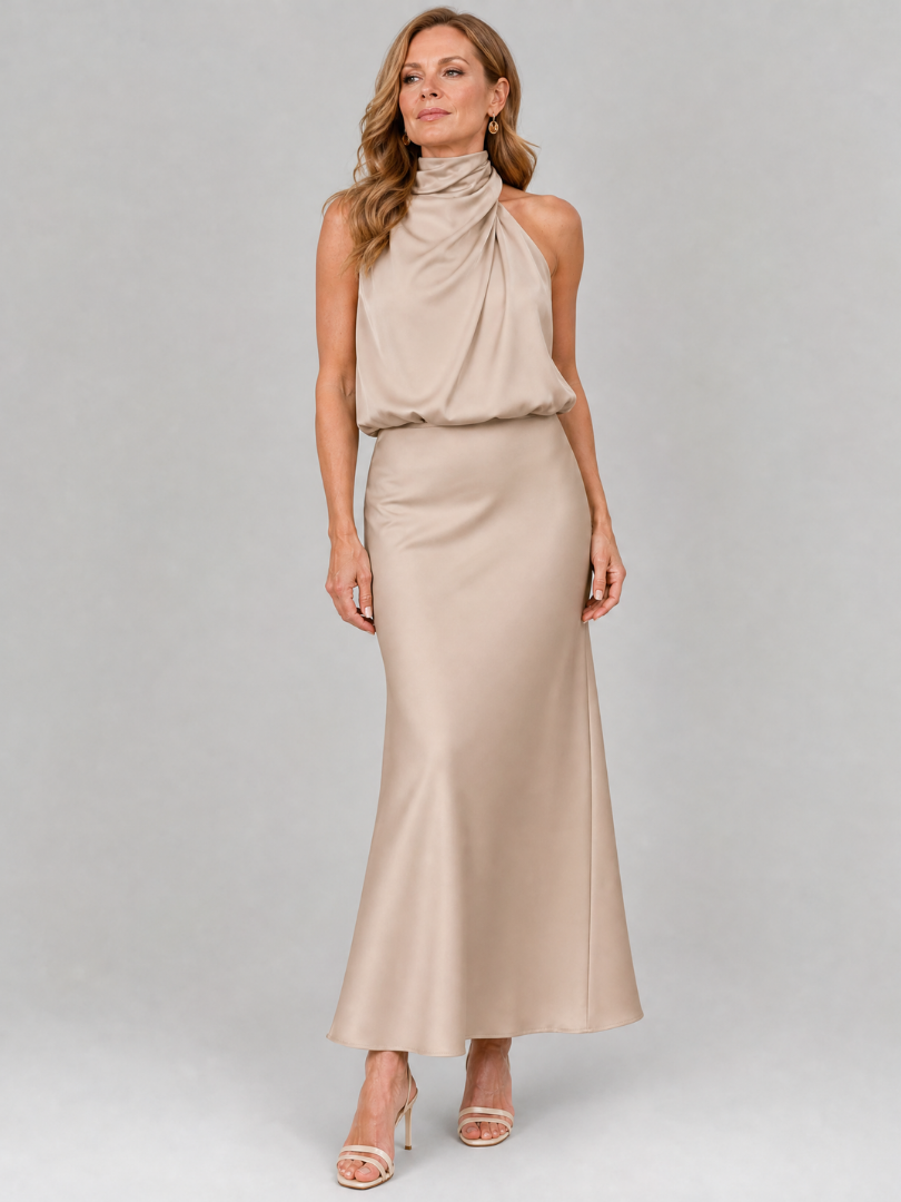 Nopal | Sleeveless Midi Dress Featuring a Draped Neckline