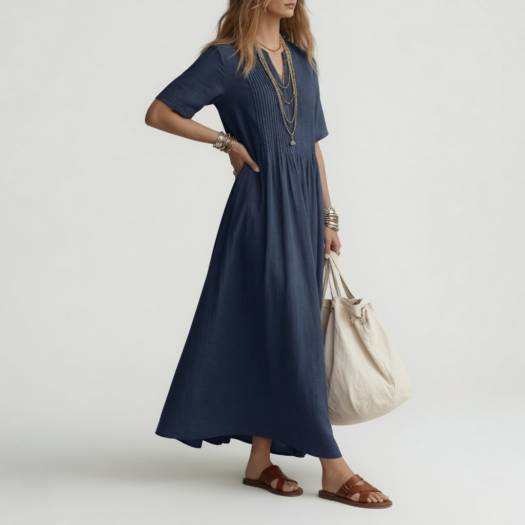 Pélagie™ — V-Neck Long Cotton Dress for Effortless Summer Style