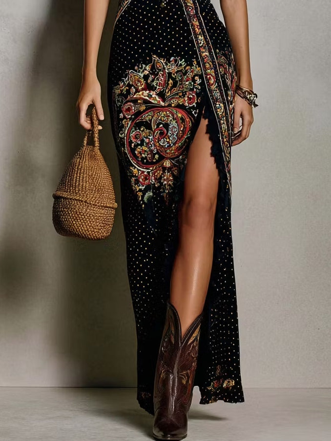 Boho-Inspired Printed Dress with Deep V-Neck and High Slit