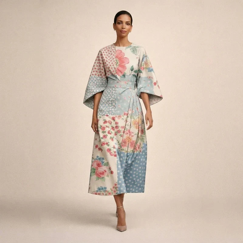 CLEMENTINE | Elegant Floral Midi Dress with Sculpted Waist