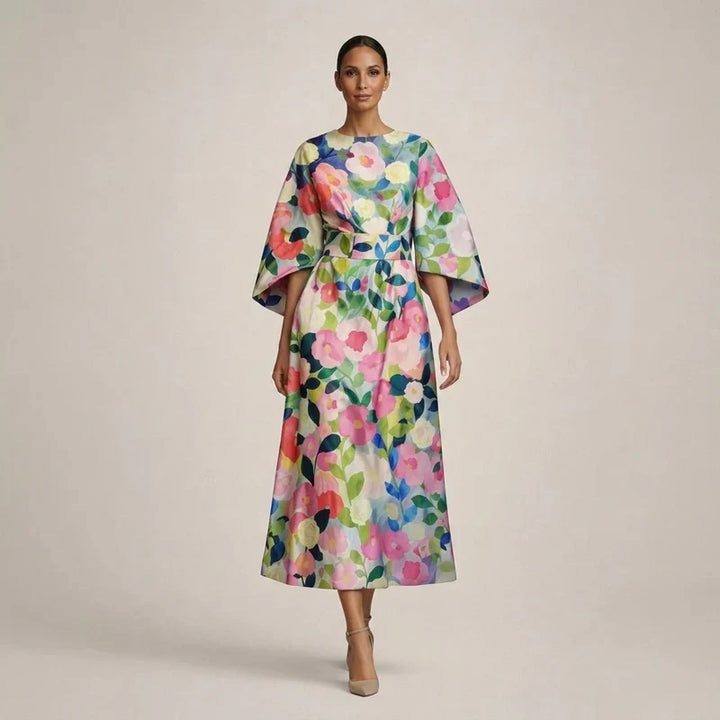 CLEMENTINE | Elegant Floral Midi Dress with Sculpted Waist