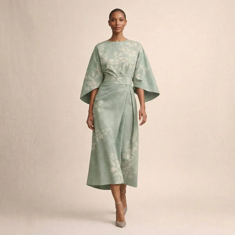 CLEMENTINE | Elegant Floral Midi Dress with Sculpted Waist