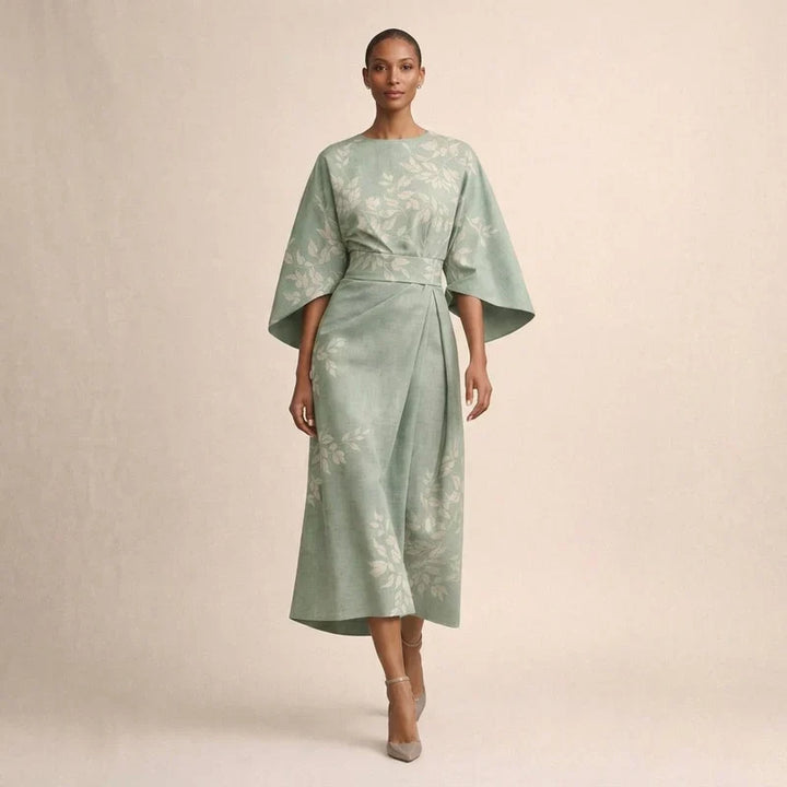 CLEMENTINE | Elegant Floral Midi Dress with Sculpted Waist