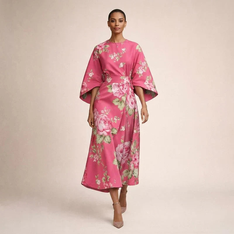 CLEMENTINE | Elegant Floral Midi Dress with Sculpted Waist