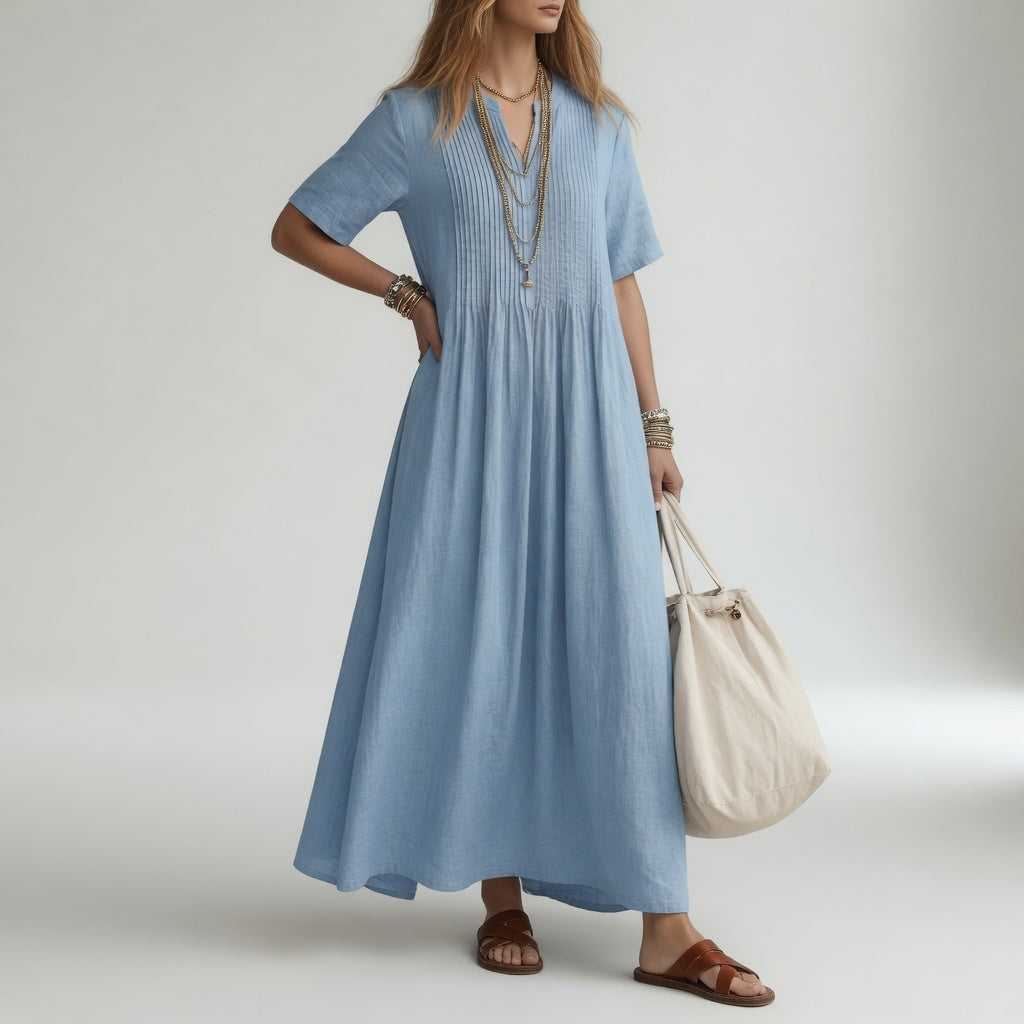 Pélagie™ — V-Neck Long Cotton Dress for Effortless Summer Style
