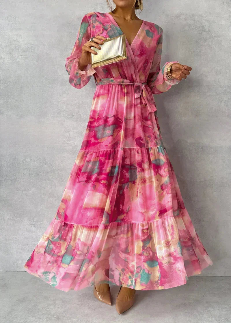 ZOEY | Vibrant Floral Wrap Dress with a Flattering Tiered Design